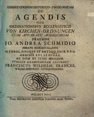 De agendis sive ordinationibus ecclesiasticis : Von Kirchen-Ordnungen
