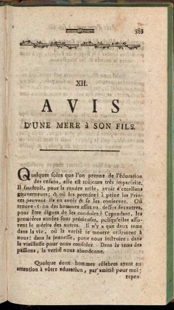 XII. Avis d´une Mere à son Fils.