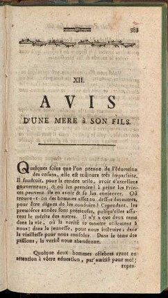 XII. Avis d´une Mere à son Fils.