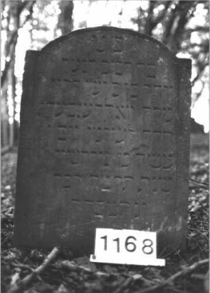 Grabstein 1168 (Index: 99899895) Material: Sandstein Zustand: angewittert Maße HxBxT: 82x58x8 cm Beschreibung: Stele mit eingezogenem Rundbogenabschluss: Grabstein 1168