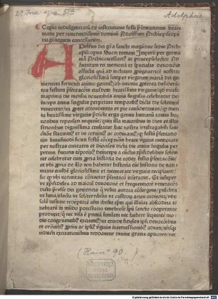 Officium de festo praesentationis beatae Mariae virginis : mit Einführungsdekret des Erzbischofs von Mainz Adolf von Nassau, Mainz 30. und 31. 8. 1468, und den Bullen 'Rationi congruit', Rom 16. 9. 1464, und 'Ad id maxime', Rom 21. 1. 1465, von Papst Paulus II.