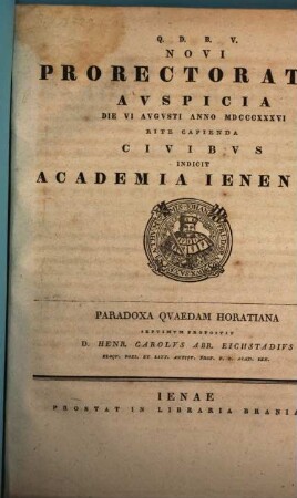 Novi prorectoratus auspicia ... rite capienda civibus indicit Academia Ienensis, 1836