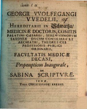 Georgii Wolfgangi Wedelii ... Propempticon inaugurale de sabina scriptvrae