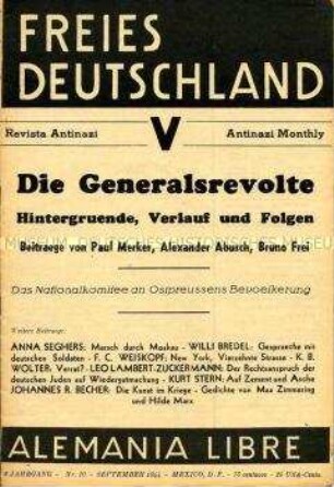 Exilzeitschrift der Bewegung "Freies Deutschland" (Mexico) u.a. zum Putschversuch vom 20. Juli 1944 ("Generalsrevolte")