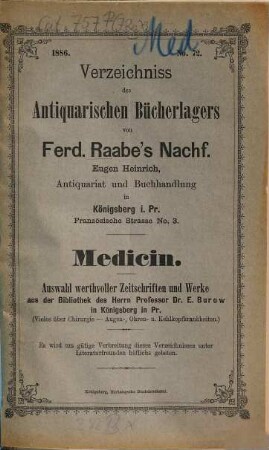 Verzeichniss des Antiquarischen Bücherlagers von Ferd. Raabe's Nachf. Eugen Heinrich, Antiquariat und Buchhandlung. 72. 1886