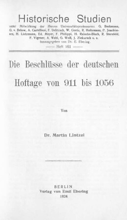 Die Beschlüsse der deutschen Hoftage von 911 bis 1056