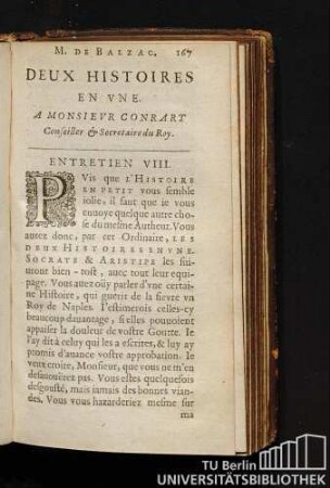 M. De Balzac. Deux Histoires En Vne. A Monsievr Conrart Conseiller & Secretaire du Roy. Entretien VIII.