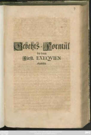 Gebehts-Formul bey denen Fürstl. Exequien abzulesen