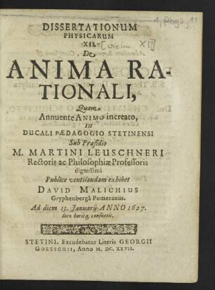 Dissertationum Physicarum ... De Anima Rationali