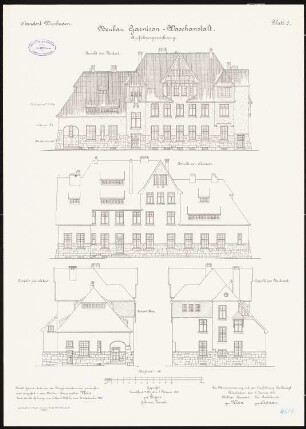 Artilleriekaserne, Wiesbaden Waschanstalt: Aufriss Nordostansicht, Nordwestansicht, Südostansicht, Südwestansicht 1:100