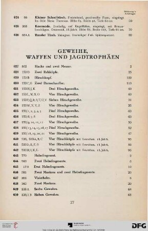 Geweihe, Waffen und Jagdtrophäen (Nr. 627-672)