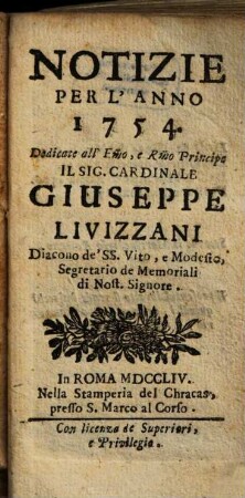 Notizie : per l'anno ..., 1754