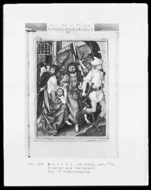 Gebetbuch — Folge von Passionsszenen nach Stichen Schongauers — Kreuztragung, Folio 17recto