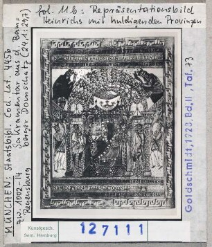 München, Bayerische Staatsbibliothek: Cod. Lat. 4456 (Sakramentar Kaiser Heinrichs II.), fol. 11v, Heinrich auf dem Thron und huldigende Provinzen