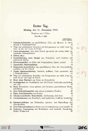 Erster Tag. Montag, den 21. November 1932. Beginn um 3 Uhr (Nr. 1-220)