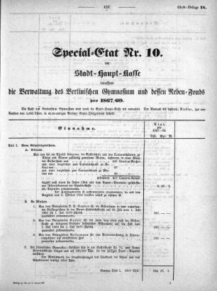 1867,14: Special-Etat Nr. 14 der Stadt-Haupt-Kasse betreffend die Verwaltung des Berlinischen Gymnasium und dessen Neben-Fonds pro 1867/69