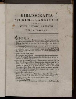 BIBLIOGRAFIA STORICO - UAGIONATA DELLE CITTA, LUOGHI, E PERSONE DELLA TOSCANA.