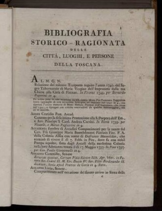 BIBLIOGRAFIA STORICO - UAGIONATA DELLE CITTA, LUOGHI, E PERSONE DELLA TOSCANA.