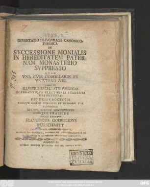 Dissertatio Inavgvralis Canonico-Ivridica De Svccessione Monialis In Hereditatem Paternam Monasterio Svppresso