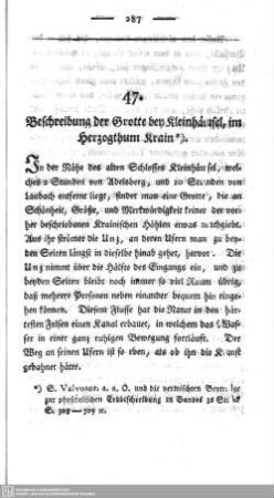 47. Beschreibung der Grotte bey Kleinhäusel, im Herzogthum Krain