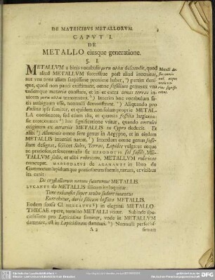 Caput I. De Metallo eiusque generatione