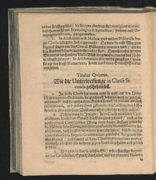Titulus Quintus. Wie die Unterweisunge in Classe Secunda geschehen soll.