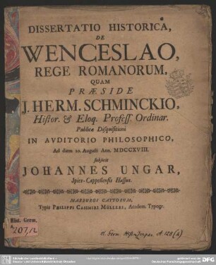 Dissertatio Historica, De Wenceslao, Rege Romanorum