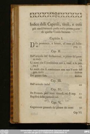 Indice delli Capitolo, titioli, e cose più considereuoli poste nella prima parte di questo Guida Italiano.