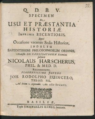 Specimen De Usu Et Præstantia Historiæ Imprimis Recentioris