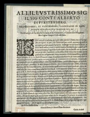 Dedikation an Graf Albert von Fürstenberg, Heiligenberg und Werdenberg (1557-1599) von Carlo Ardesi