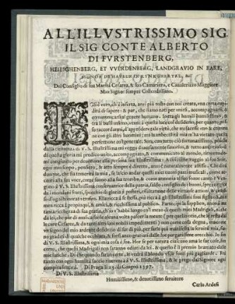 Dedikation an Graf Albert von Fürstenberg, Heiligenberg und Werdenberg (1557-1599) von Carlo Ardesi