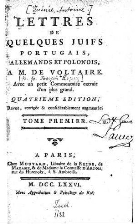 In: Lettres de quelques Juifs portugais, allemands et polonais, à M. de Voltaire ; Band 1