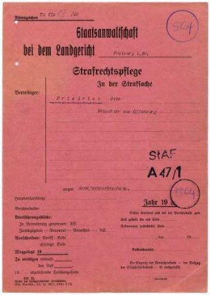 Angeklagter: Friedrich, Otto (Privatier), Offenburg *24.01.1875 in Offenburg; + ? Delikt: Rundfunkverbrechen Tatort: Offenburg Tatzeit: Juli-August 1941