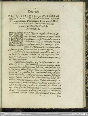 Responsio Ornatissimi Et Doctissimi Viri, Dn. Damiani Haselmeieri Canstadtiani