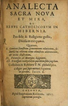 Analecta sacra ... de rebus Catholicorum in Hibernia