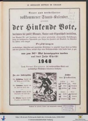 Neuer und verbesserter vollkommener Staats-Kalender, genannt der Hinkende Bote, ... auf das Jahr 1948.