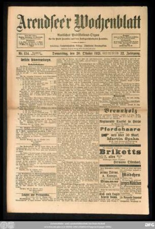 Arendsee'r Wochenblatt, Nr. 124. Donnerstag, den 20. Oktober 1921.