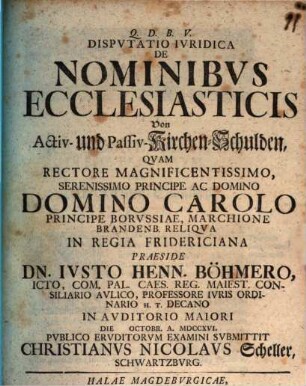 Dispvtatio Ivridica De Nominibvs Ecclesiasticis : = Von Activ- und Passiv-Kirchen-Schulden