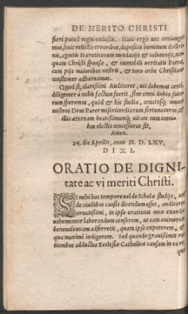 Oratio De Dignitate ac vi meriti Christi.