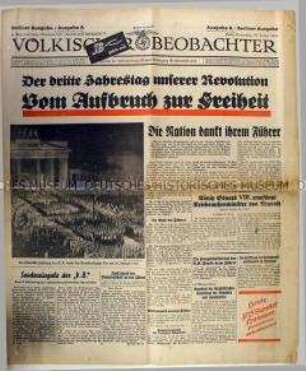 Tageszeitung "Völkischer Beobachter" zum Jahrestag der Regierungsübernahme durch Hitler