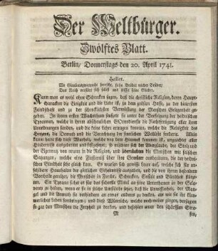 Zwölftes Blatt. Berlin, Donnerstags den 20. April 1741.