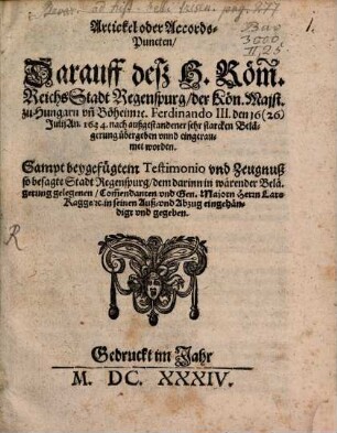Artickel oder Accords-Puncten ... (die Belagerung Regenspurgs betr.)