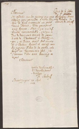 Andreas Felix von Oefele (1706-1780) Nachlass: Franz von Seedorff an Johann Adam von Schroff - BSB Oefeleana 98.B.12. Seedorf, Franz