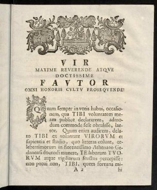 Vir maxime reverende atque doctissime fautor omni honoris cultu prosequende