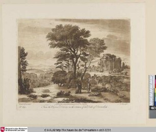 [Landschaft mit Jacob und Rachel am Brunnen. Rechts Ruinen eines Tempels.]