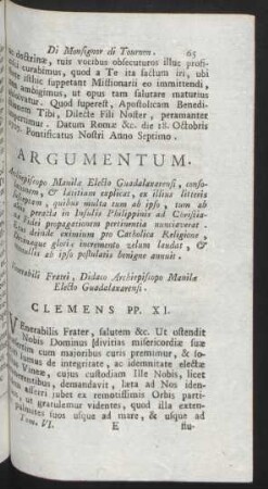 Argumentum. Archiepiscopo Manilae Electo Guadalaxenarensi, consolationem, ... Vereabili Frati, Didaco Archiepiscopo Maniale ... Clemens PP. XI.