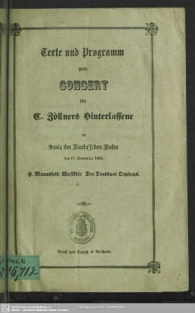 Texte und Programm zum Concert für C. Zöllners Hinterlassene im Saale des Lincke'schen Bades am 12. November 1860