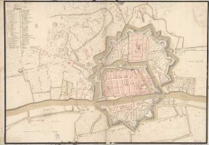 Plan von der Stadt und Festung Elbing, ca. 1:3 500, Handzeichnung, um 1750 : Plan Von der Stadt und Vestung Elbing. - [S.l.] , [um 1750?]. - 1 Plan : kolor. Handzeichng. ; 50 x 71 cm