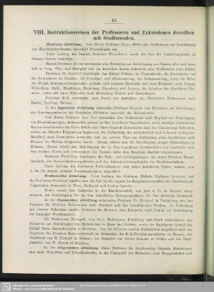 VIII. Instruktionsreisen der Professoren und Exkursionen derselben mit Studierenden