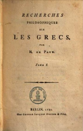 Recherches philosophiques sur les Grecs, 1